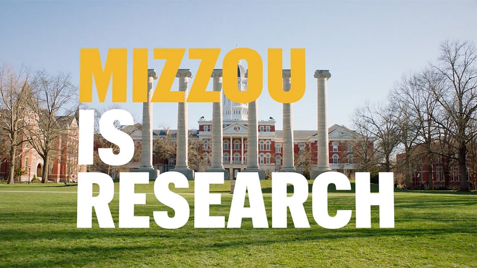 Mizzou is Research Graphic stretch over a picture of Jesse Hall at the Columns